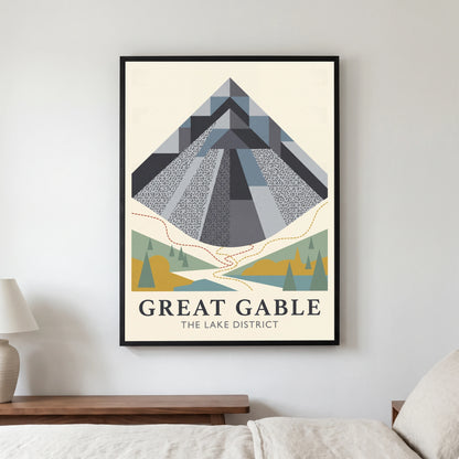 Great Gable travel poster in a black frame, hanging in a bedroom3