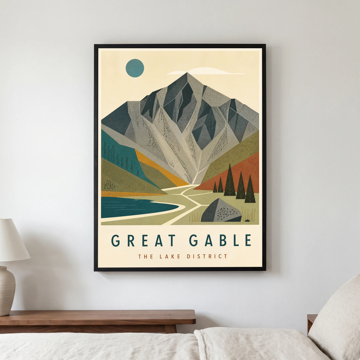 Great Gable travel poster in a black frame, hanging in a bedroom3