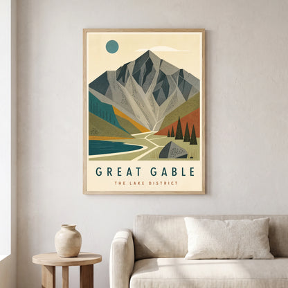 Great Gable travel poster in a natural frame, hanging in a living