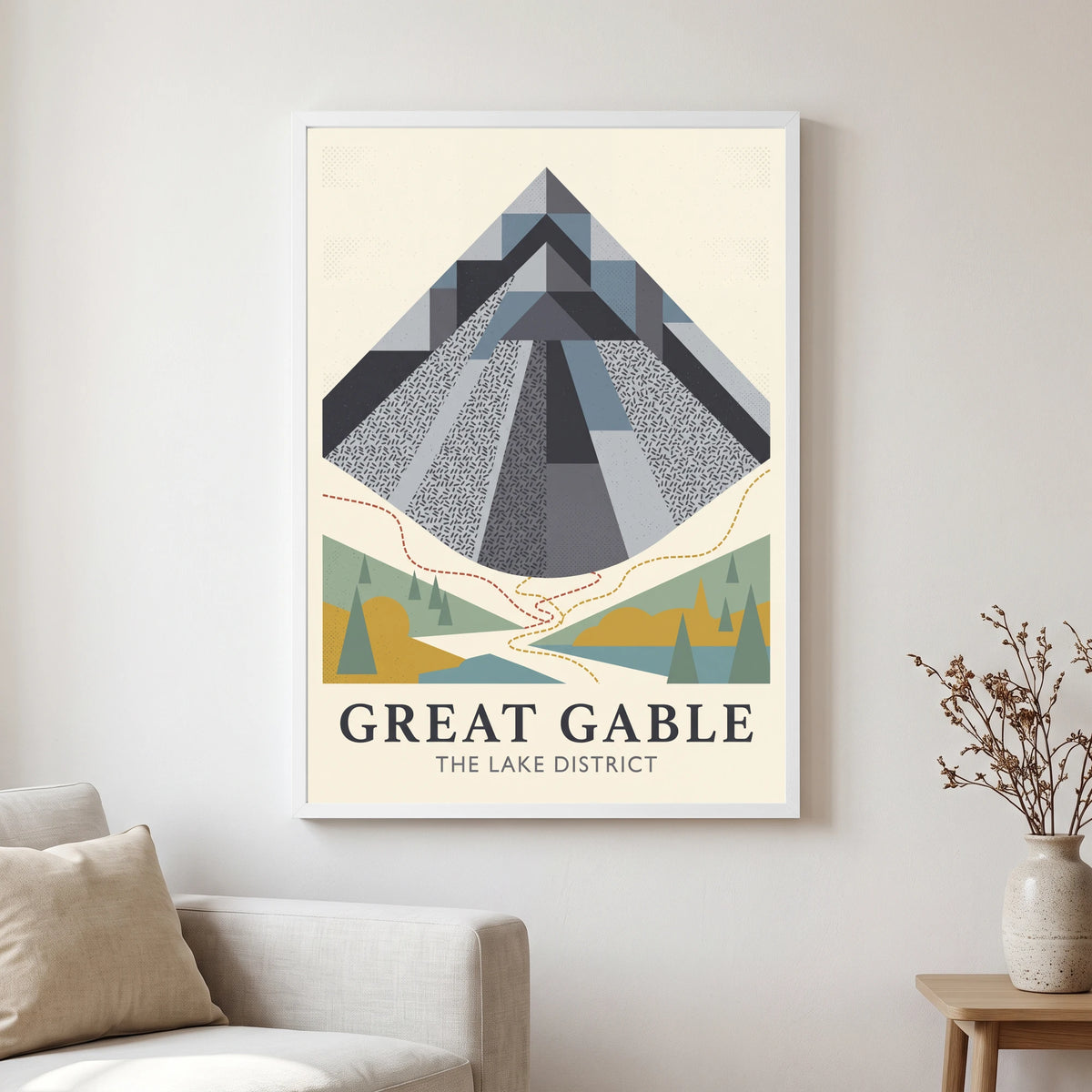 Great Gable travel poster in a white frame, hanging in a living2