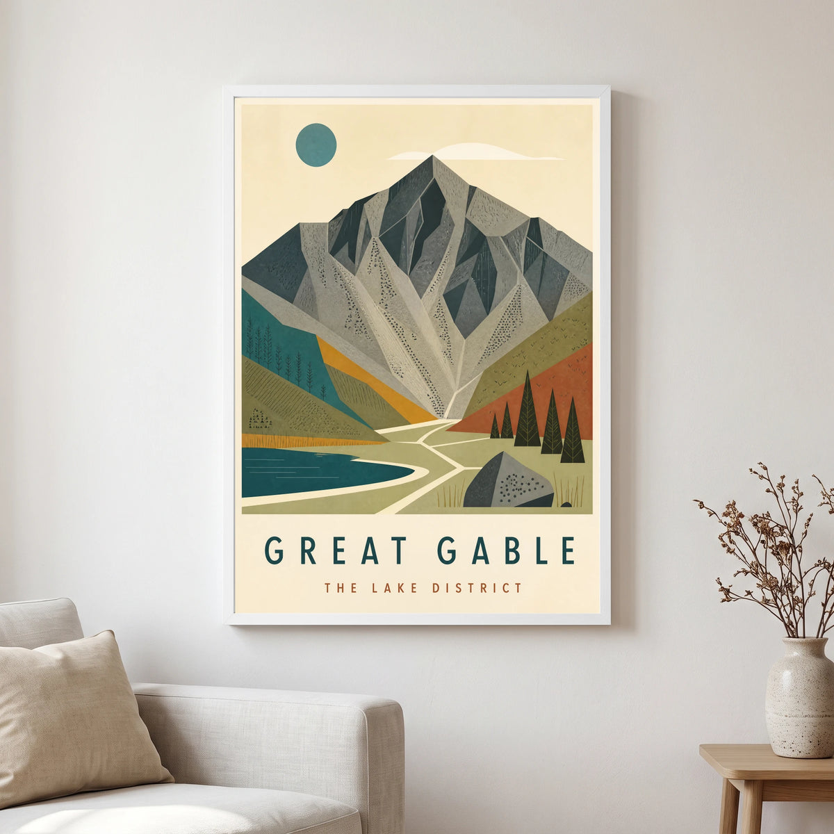 Great Gable travel poster in a white frame, hanging in a living2