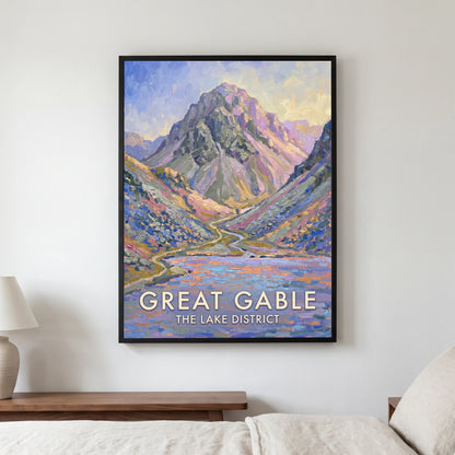Great Gable travel poster in a black frame, hanging in a bedroom3