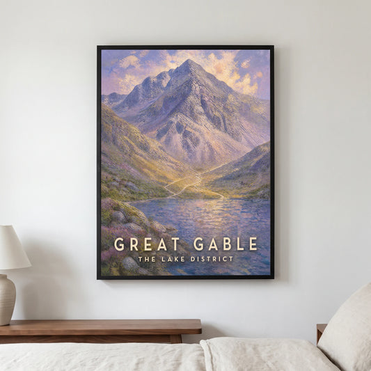 Great Gable travel poster in a black frame, hanging in a bedroom3