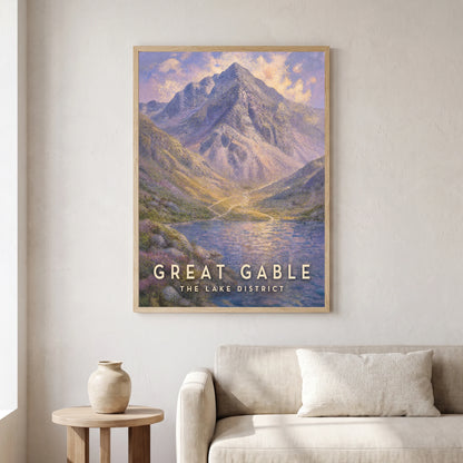 Great Gable travel poster in a natural frame, hanging in a living