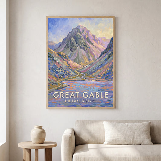 Great Gable travel poster in a natural frame, hanging in a living