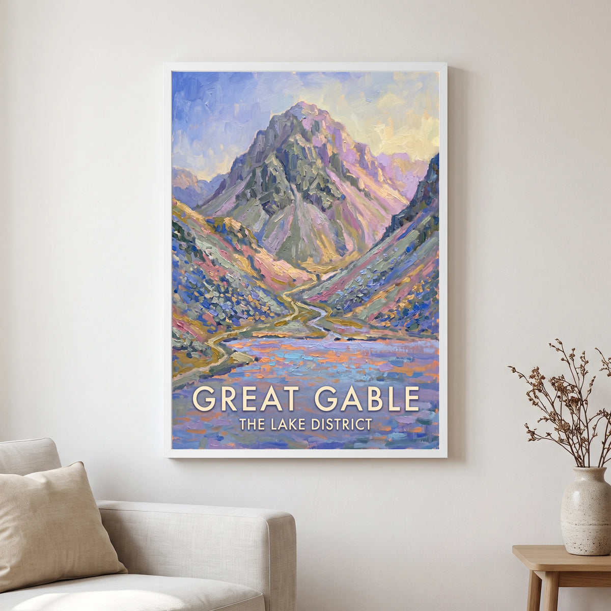 Great Gable travel poster in a white frame, hanging in a living2