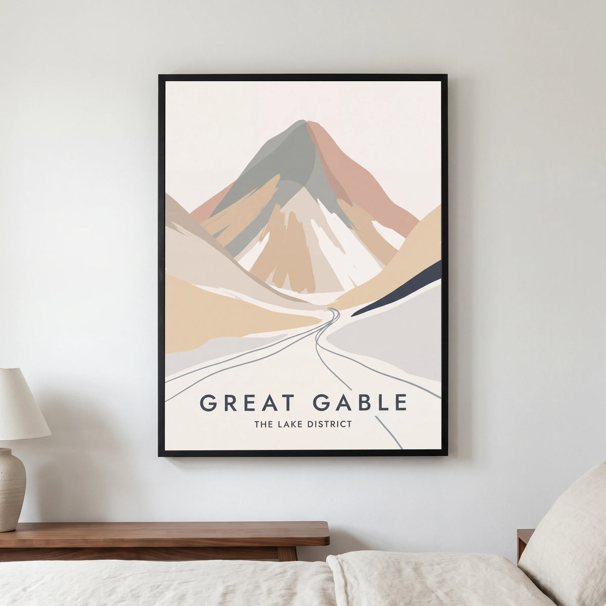 Great Gable travel poster in a black frame, hanging in a bedroom3