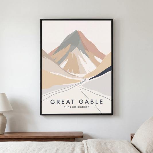 Great Gable travel poster in a black frame, hanging in a bedroom3