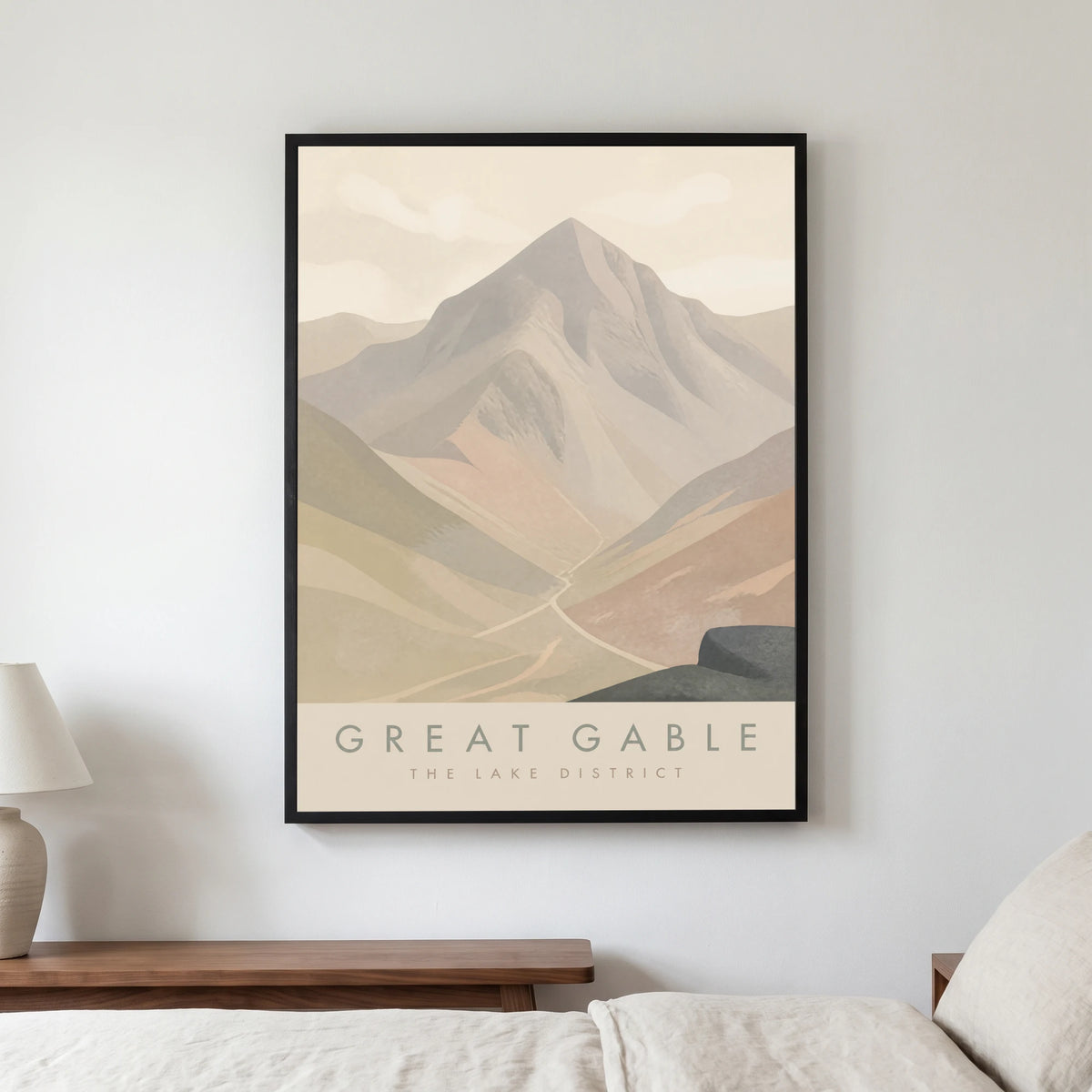 Great Gable travel poster in a black frame, hanging in a bedroom3