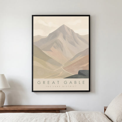Great Gable travel poster in a black frame, hanging in a bedroom3