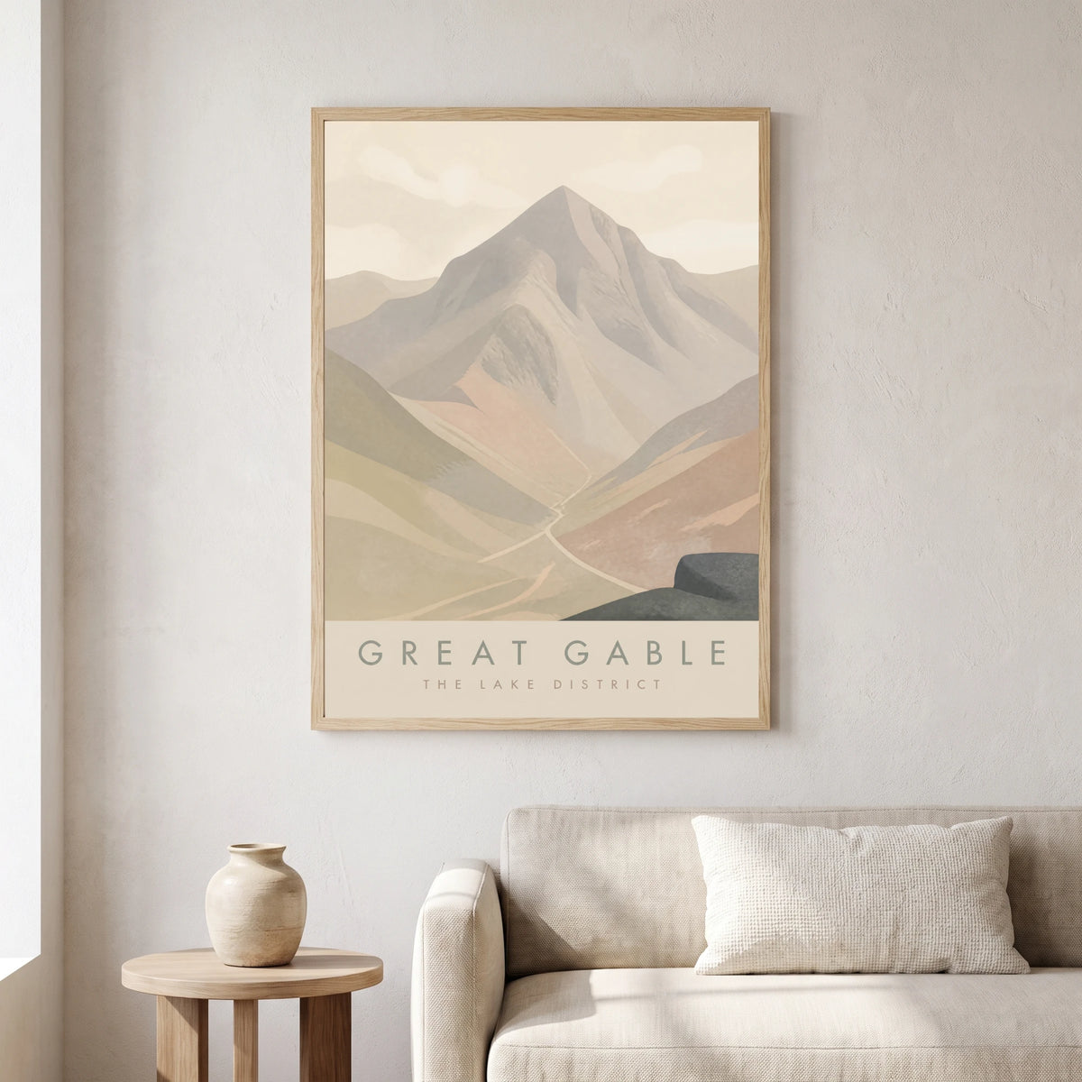 Great Gable travel poster in a natural frame, hanging in a living