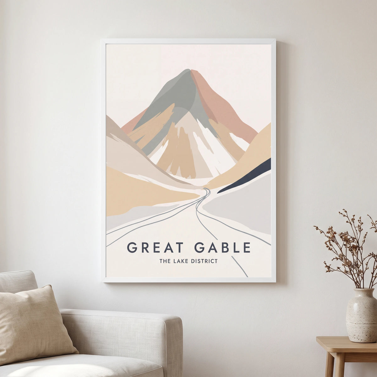 Great Gable travel poster in a white frame, hanging in a living2