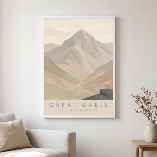 Great Gable travel poster in a white frame, hanging in a living2