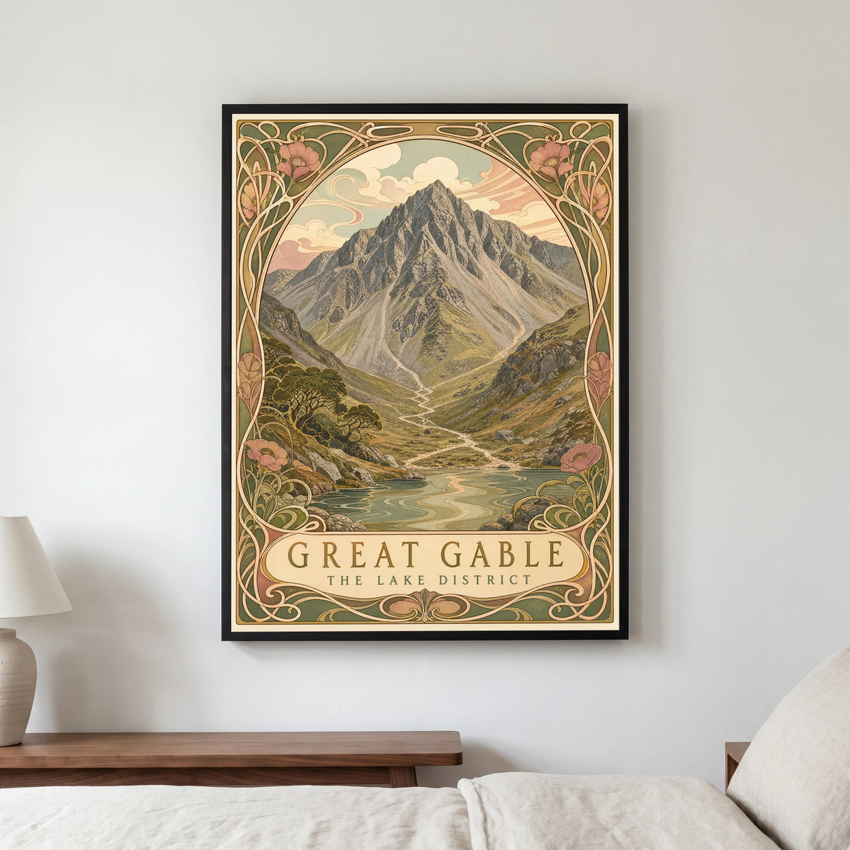 Great Gable travel poster in a black frame, hanging in a bedroom3