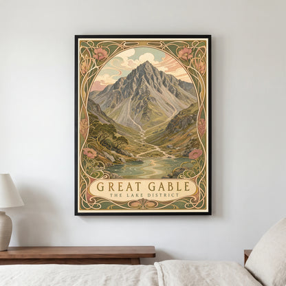 Great Gable travel poster in a black frame, hanging in a bedroom3