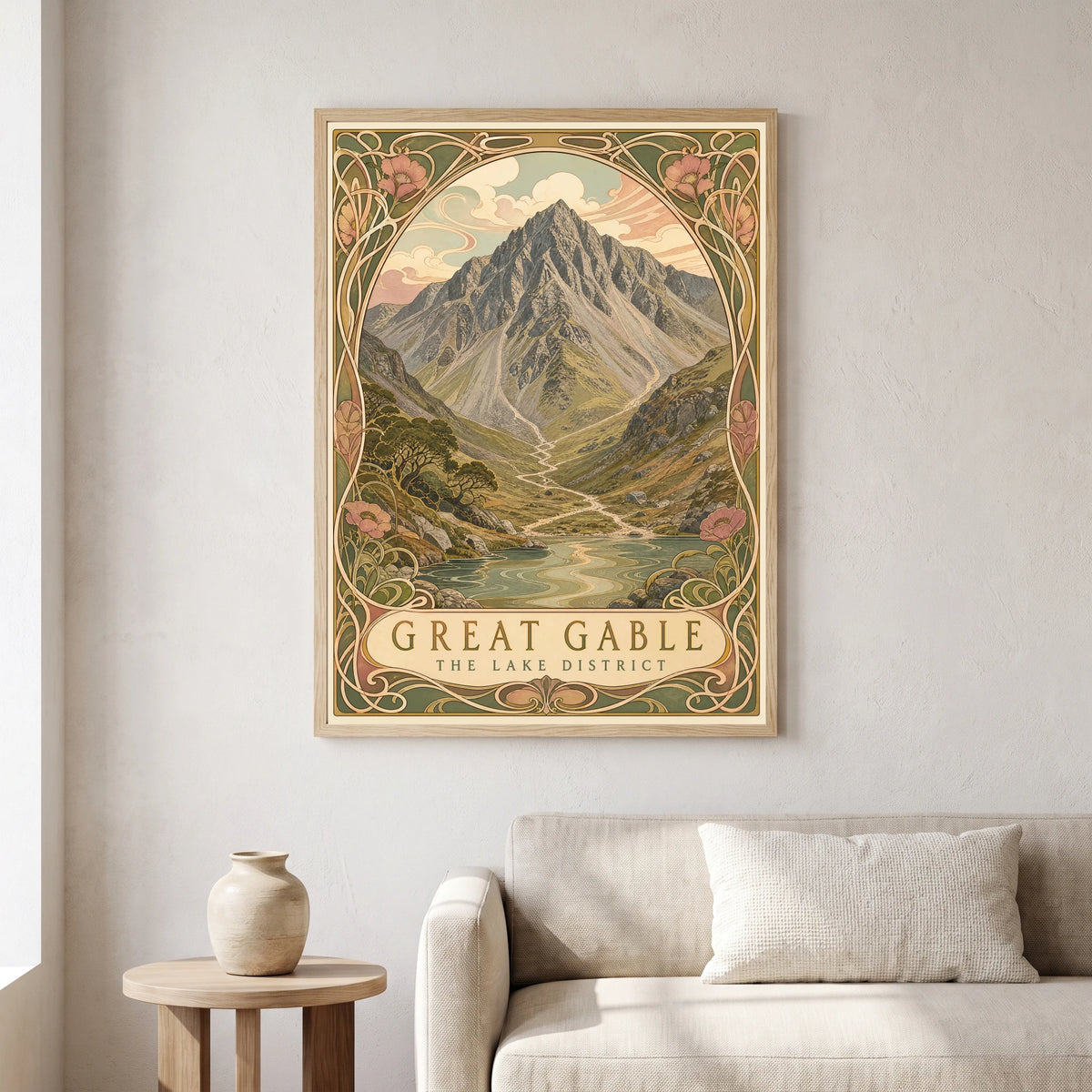 Great Gable travel poster in a natural frame, hanging in a living