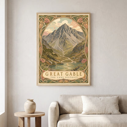 Great Gable travel poster in a natural frame, hanging in a living