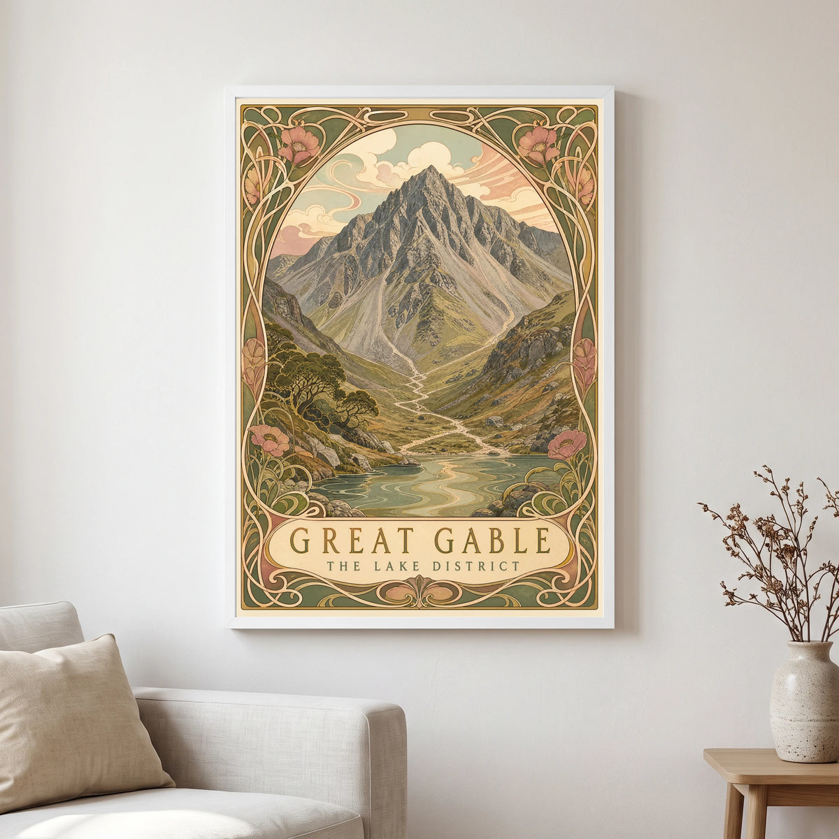 Great Gable travel poster in a white frame, hanging in a living2