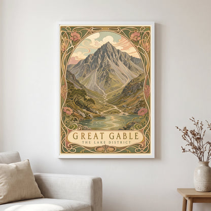 Great Gable travel poster in a white frame, hanging in a living2