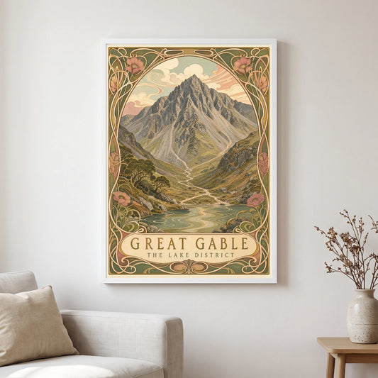 Great Gable travel poster in a white frame, hanging in a living2