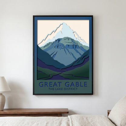Great Gable travel poster in a black frame, hanging in a bedroom3