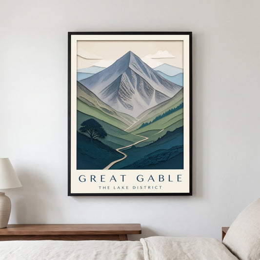 Great Gable travel poster in a black frame, hanging in a bedroom3