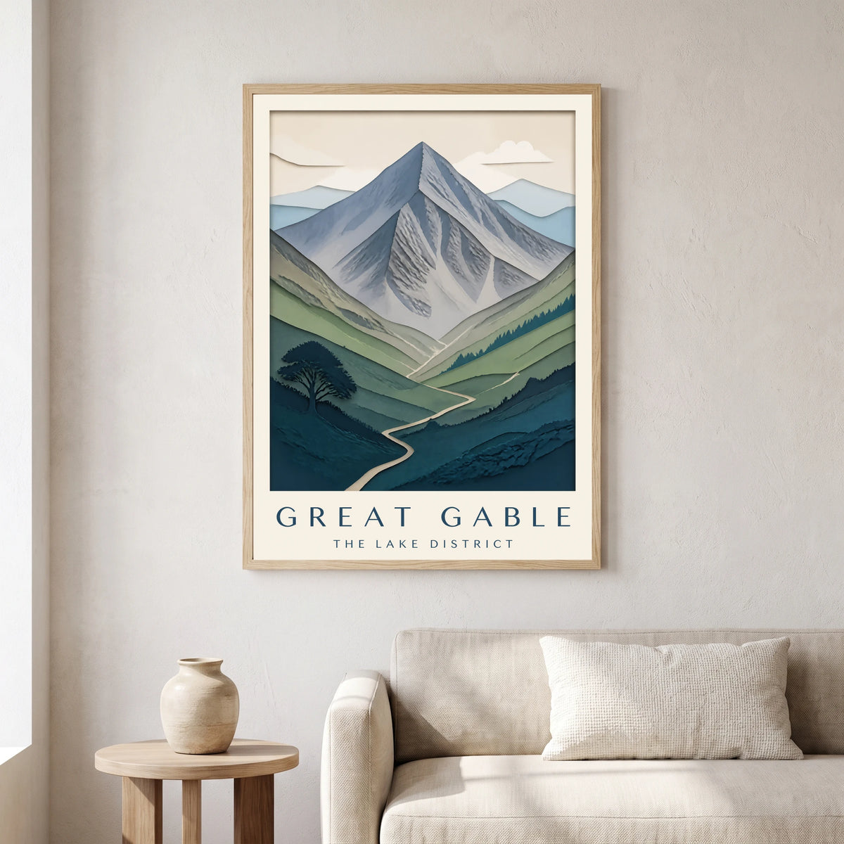 Great Gable travel poster in a natural frame, hanging in a living