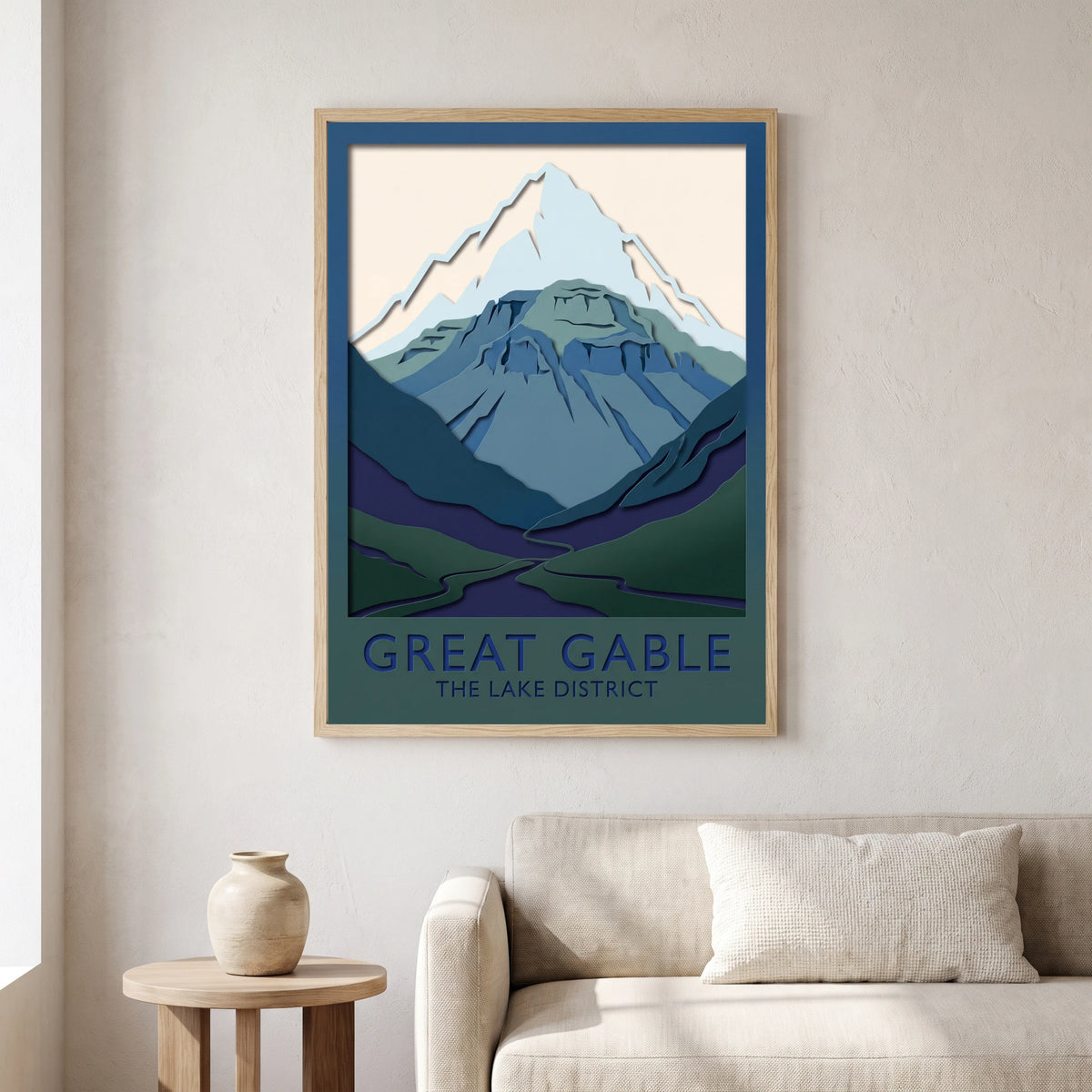 Great Gable travel poster in a natural frame, hanging in a living