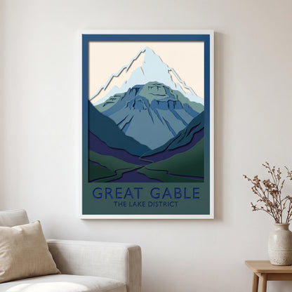 Great Gable travel poster in a white frame, hanging in a living2