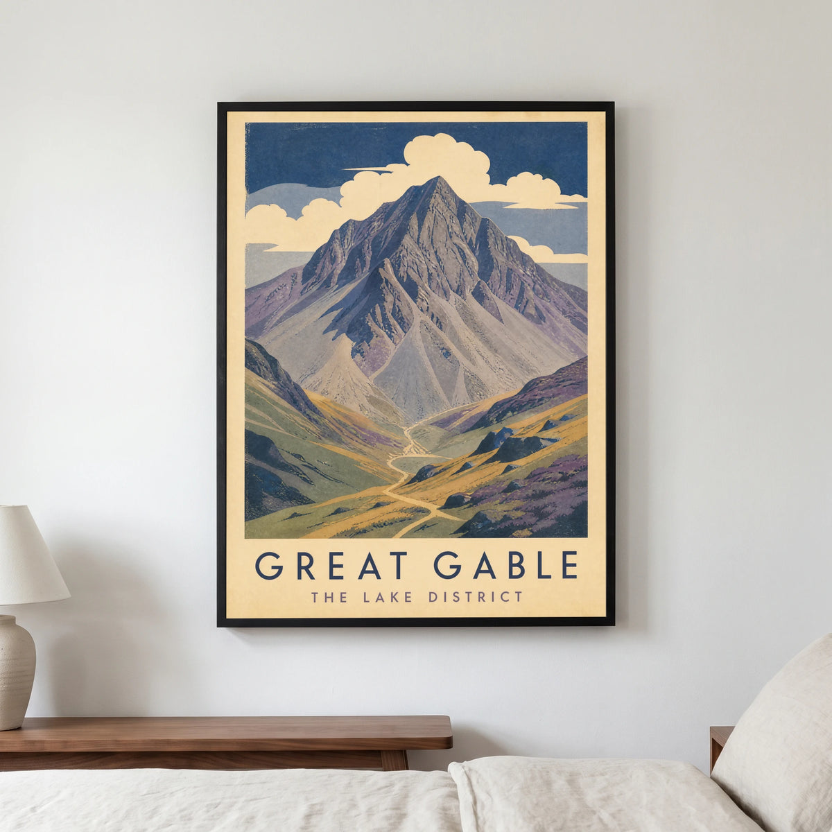 Great Gable travel poster in a black frame, hanging in a bedroom3