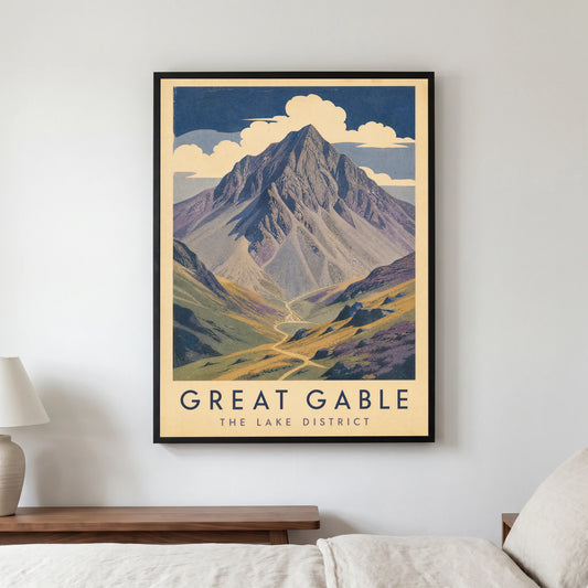 Great Gable travel poster in a black frame, hanging in a bedroom3
