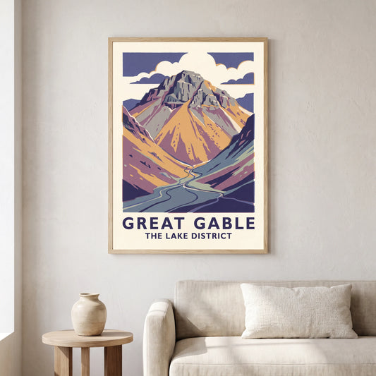 Great Gable travel poster in a natural frame, hanging in a living