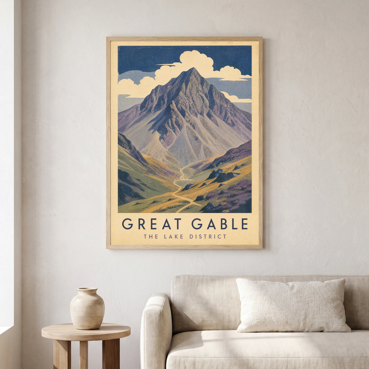Great Gable travel poster in a natural frame, hanging in a living