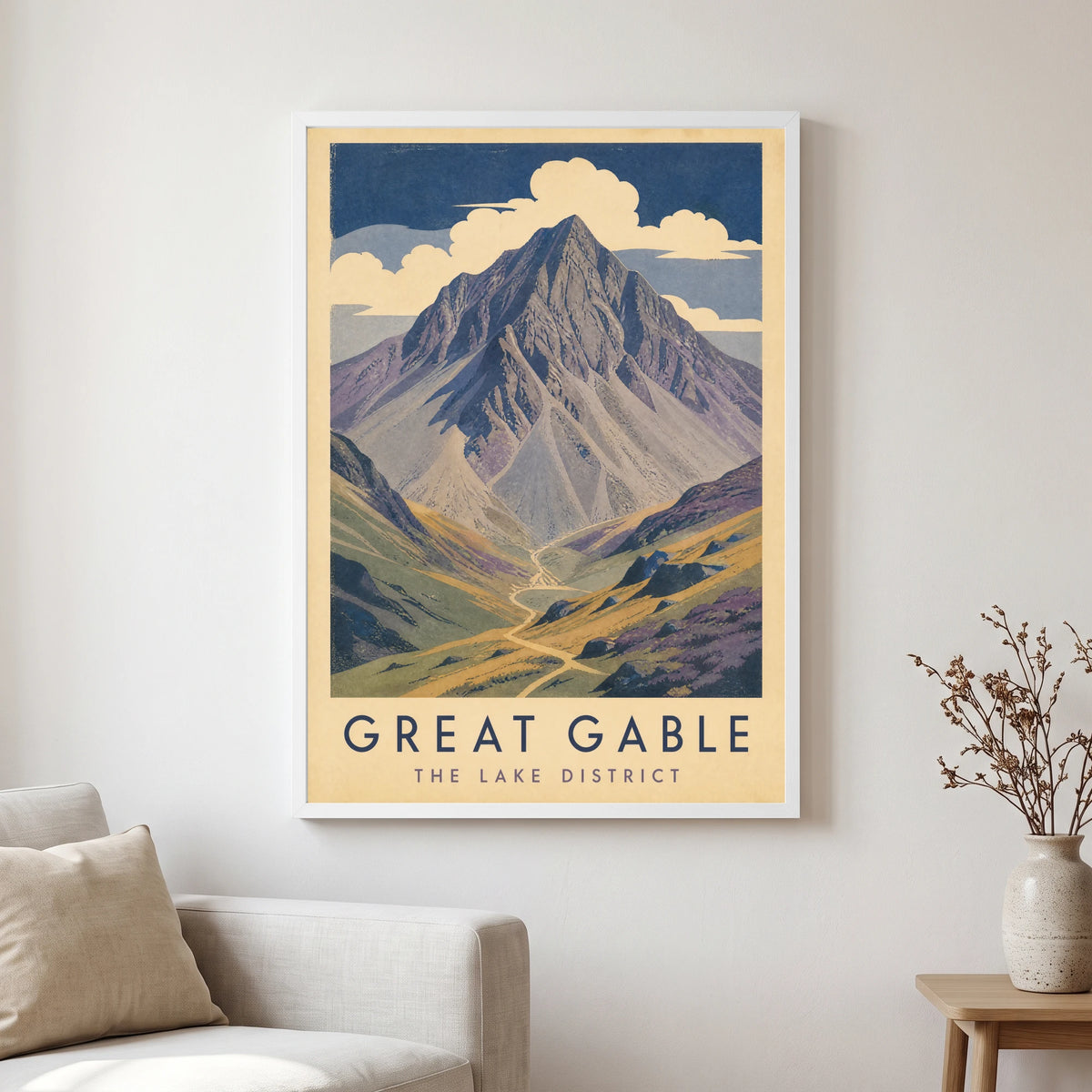 Great Gable travel poster in a white frame, hanging in a living2