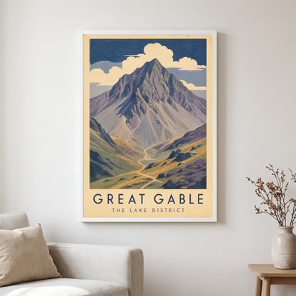 Great Gable travel poster in a white frame, hanging in a living2