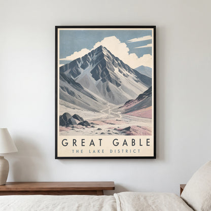 Great Gable travel poster in a black frame, hanging in a bedroom3