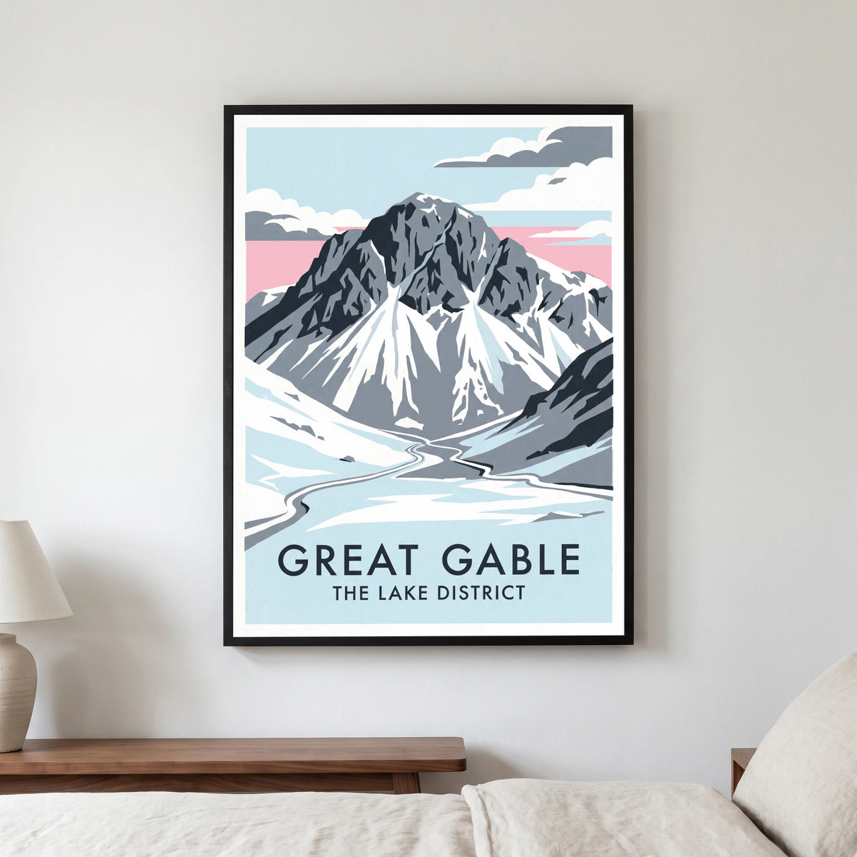 Great Gable travel poster in a black frame, hanging in a bedroom3
