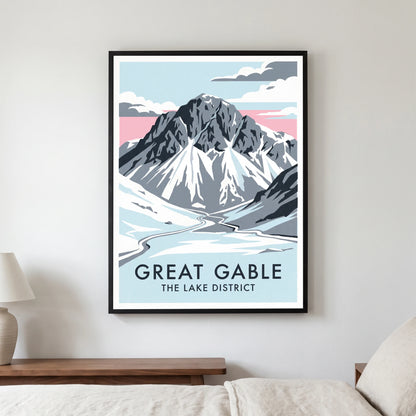 Great Gable travel poster in a black frame, hanging in a bedroom3