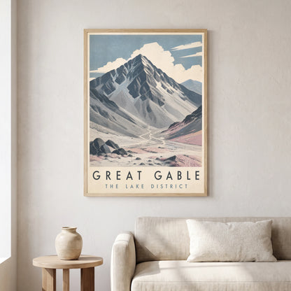 Great Gable travel poster in a natural frame, hanging in a living