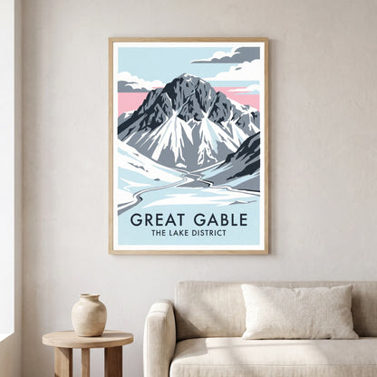 Great Gable travel poster in a natural frame, hanging in a living