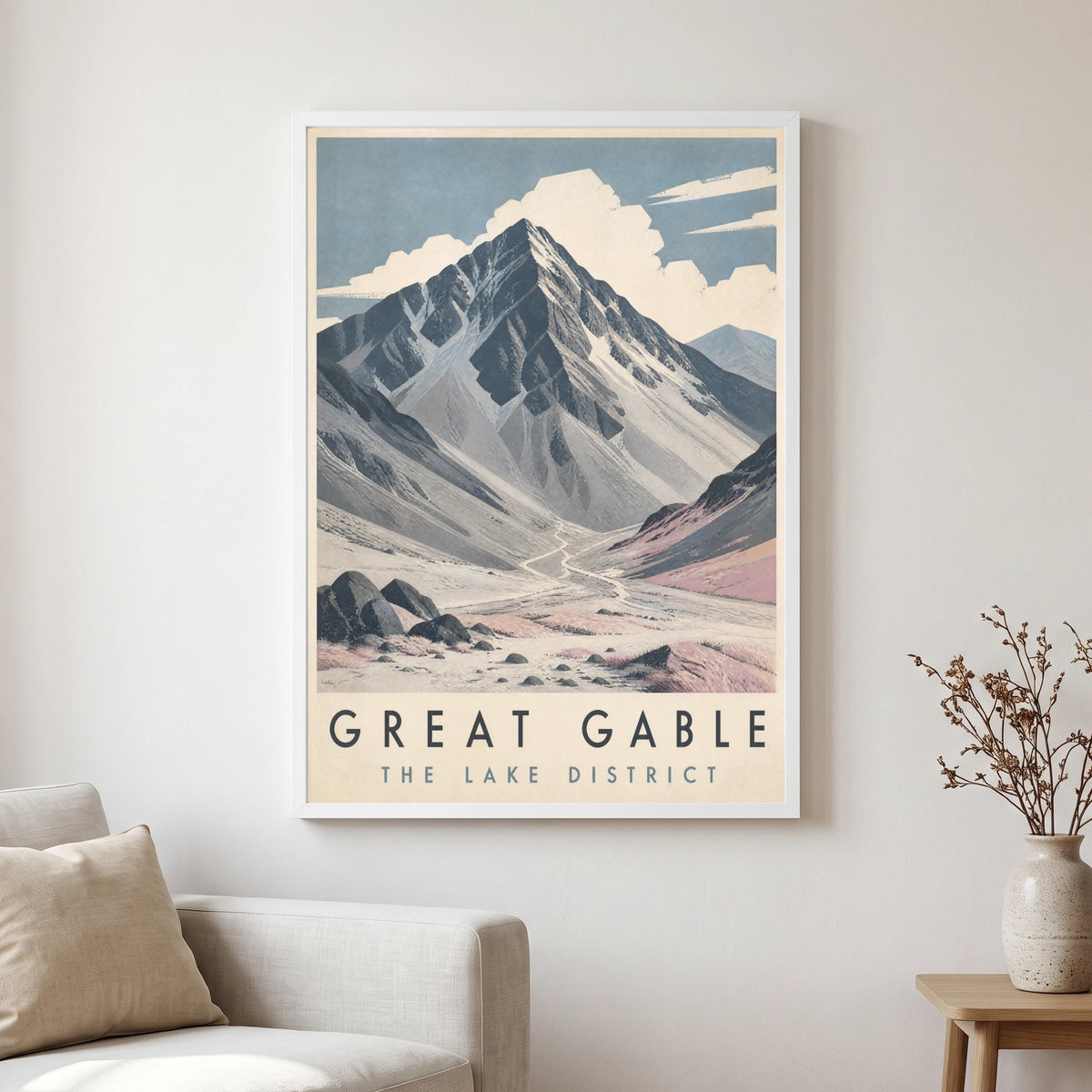 Great Gable travel poster in a white frame, hanging in a living2