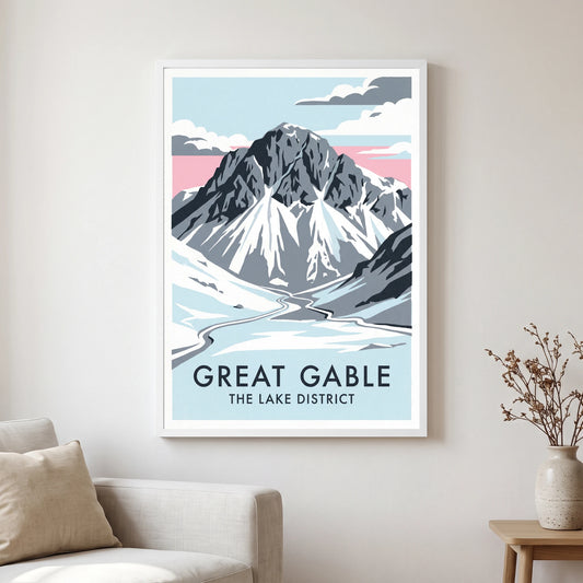 Great Gable travel poster in a white frame, hanging in a living2