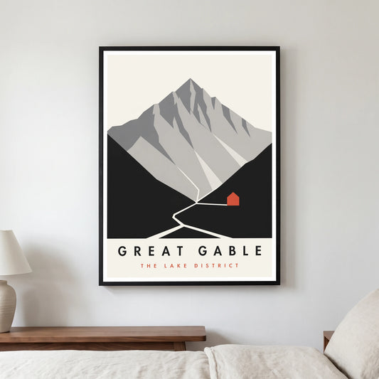 Great Gable travel poster in a black frame, hanging in a bedroom3