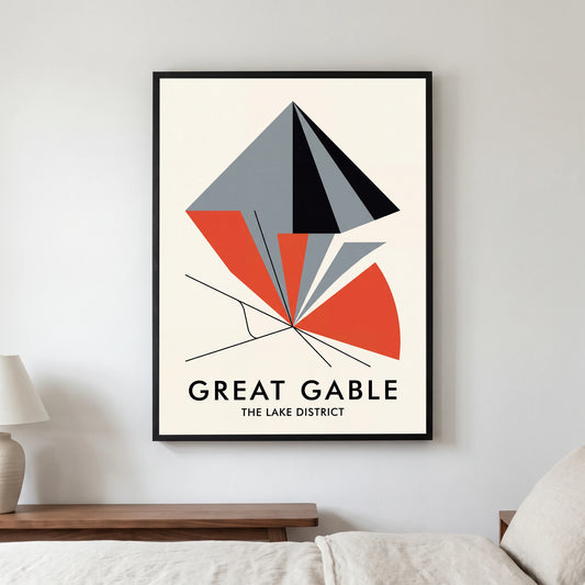 Great Gable travel poster in a black frame, hanging in a bedroom3