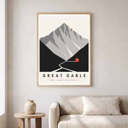 Great Gable travel poster in a natural frame, hanging in a living