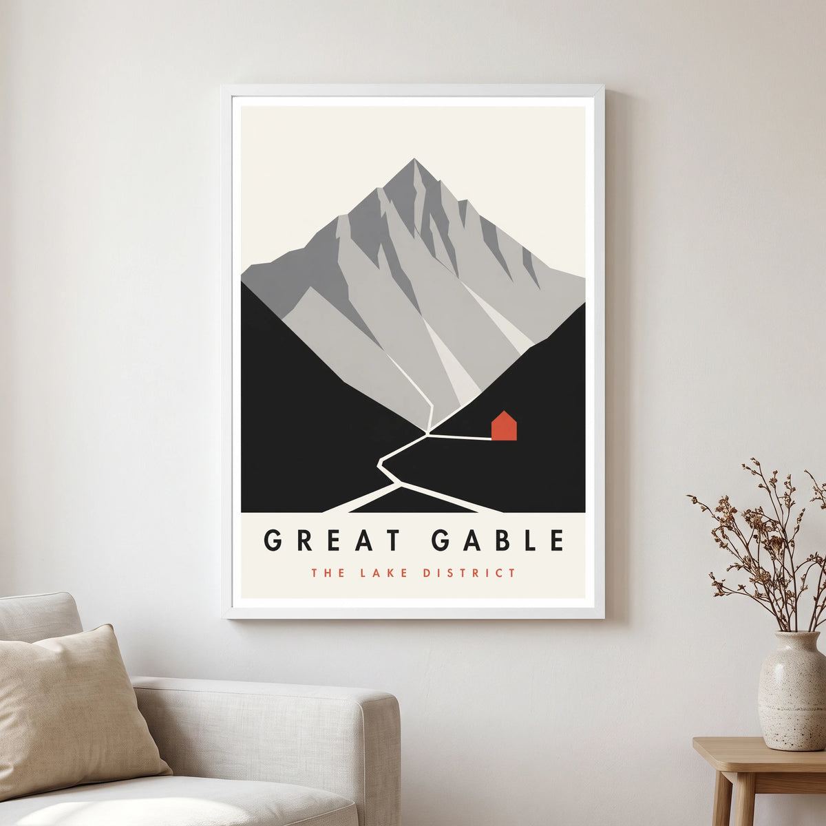 Great Gable travel poster in a white frame, hanging in a living2