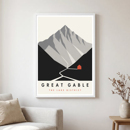 Great Gable travel poster in a white frame, hanging in a living2