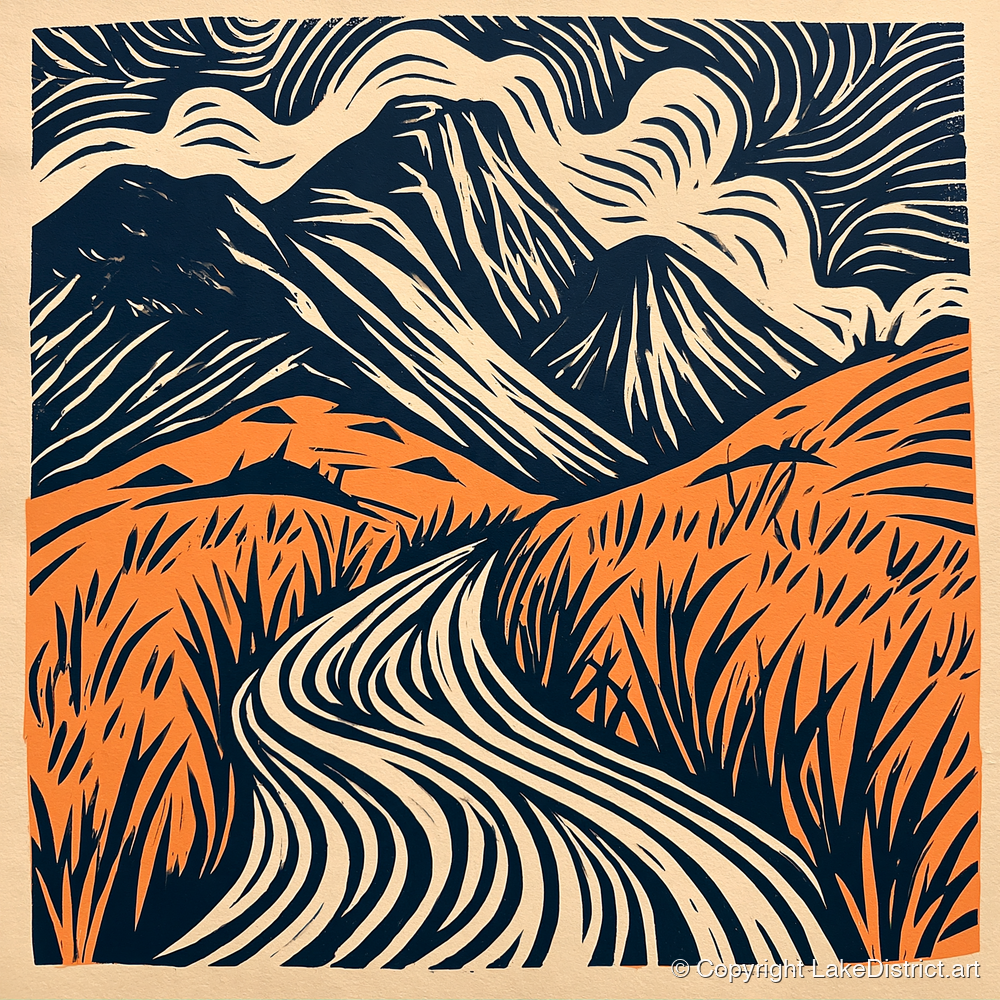 Great Gable Terracotta Winding Path - lake district fell art print and canvas by Leon Baxter A.I