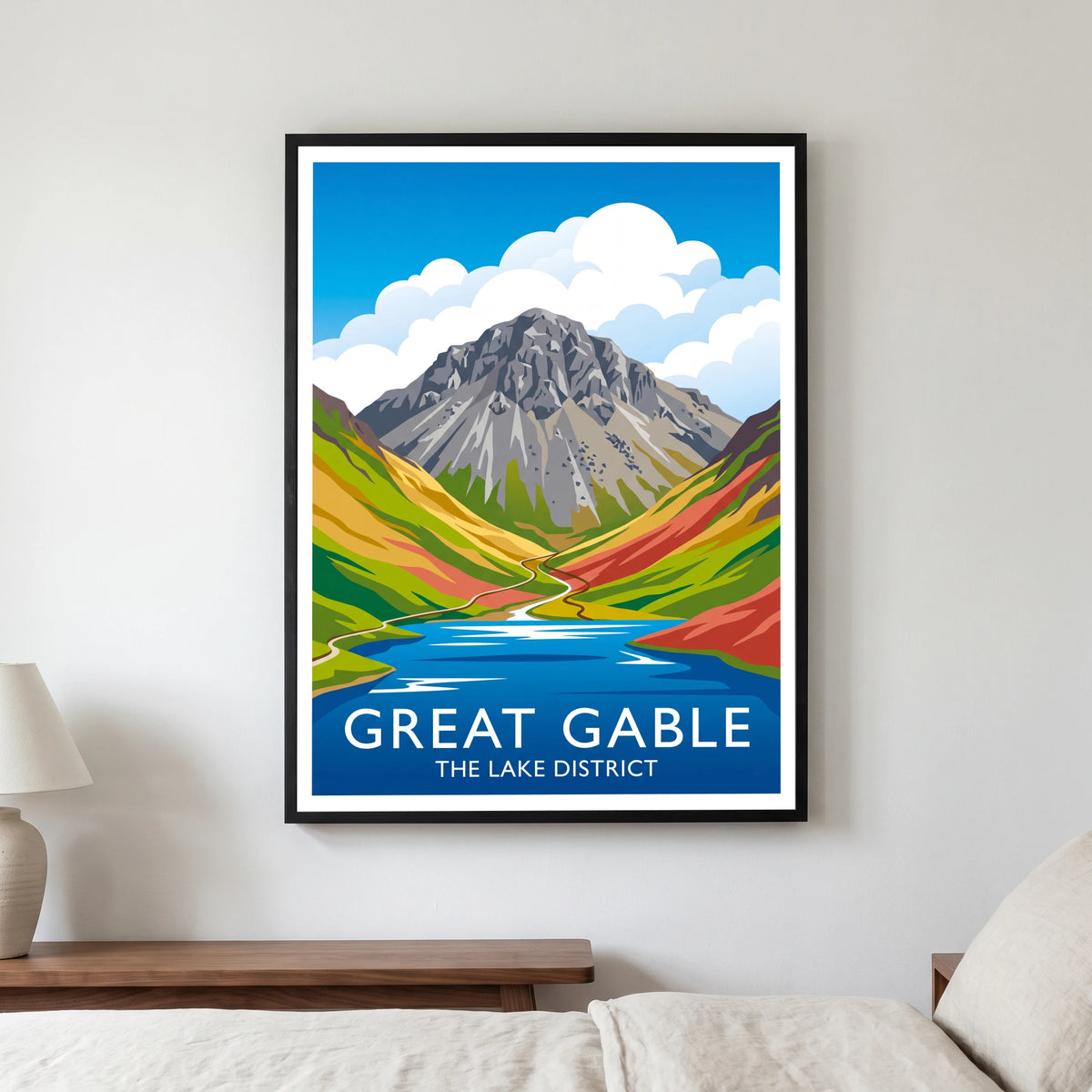 Great Gable travel poster in a black frame, hanging in a bedroom3