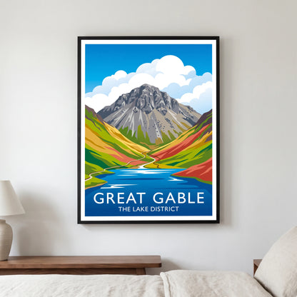 Great Gable travel poster in a black frame, hanging in a bedroom3